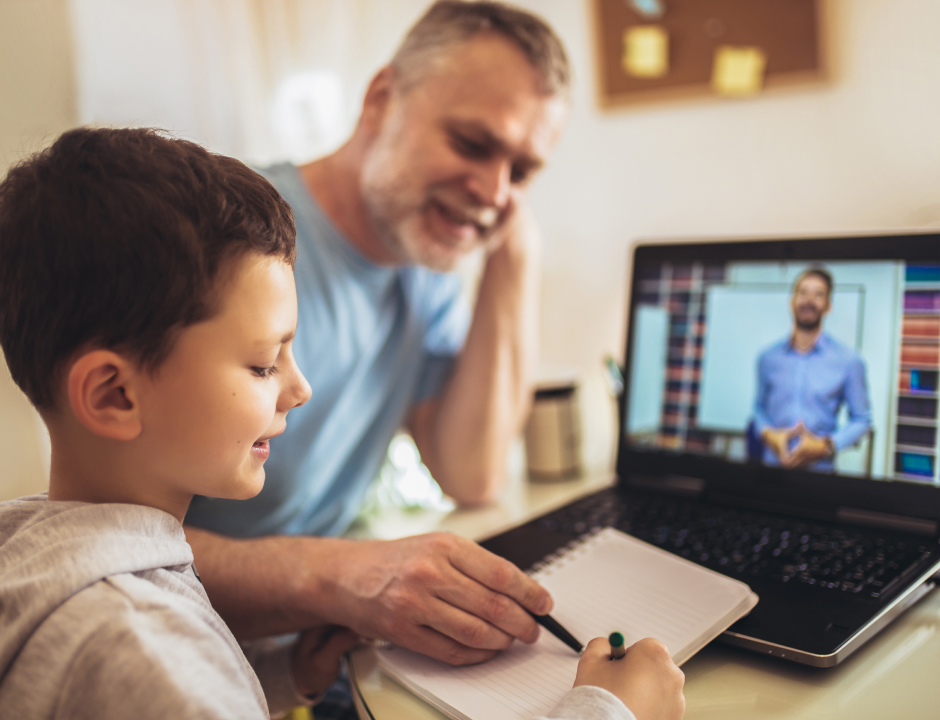 Dad and his children attending a virtual class