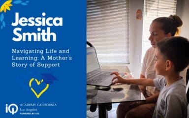 Jessica Smith and her son sitting together at a computer. The text overlay reads "Jessica Smith: Navigating Life and Learning - A Mother's Story of Support".